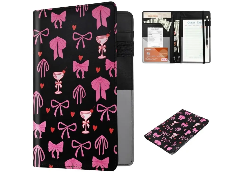 Waitress Book With 2 Zipper Pockets & Pen Loop Leather Server Check Holder Organizer Cash Receipts Tickets Restaurant Bill Booklet