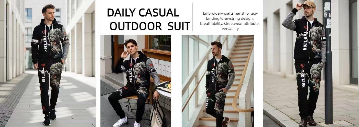 Men's Lion pattern zipper hoodie and sweatpants set - Casual 2-piece polyester zipper sweatshirt set, long sleeves, machine washable, suitable for spring/autumn