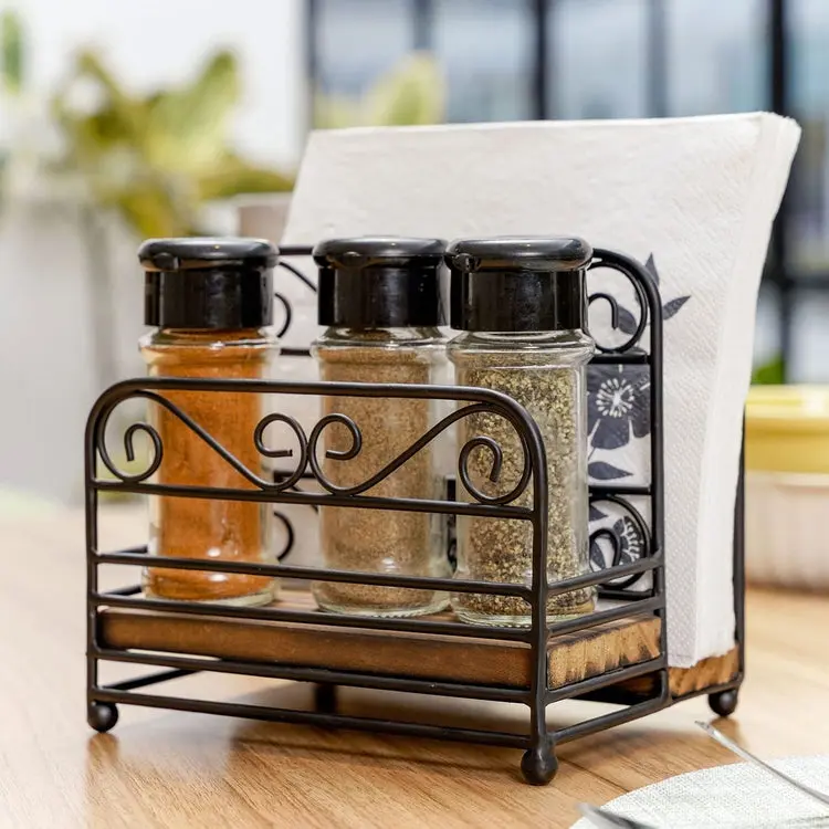 Tabletop Black Metal and Burnt Wood Napkin Holder with Spice Condiment Bin Rack with Vintage Scrollwork Design