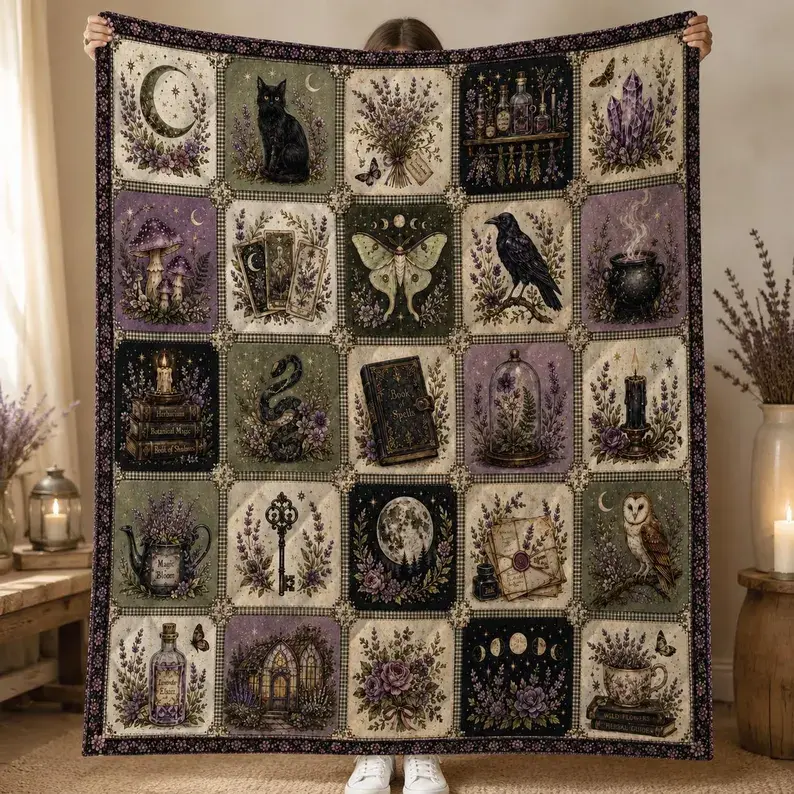 Witchcore Flannel Blanket, Vintage Botanical Magic Patchwork Throw, Moon Cat Raven Crystal Spell Book Design, Cozy Gothic Cottagecore Home Decor Gift