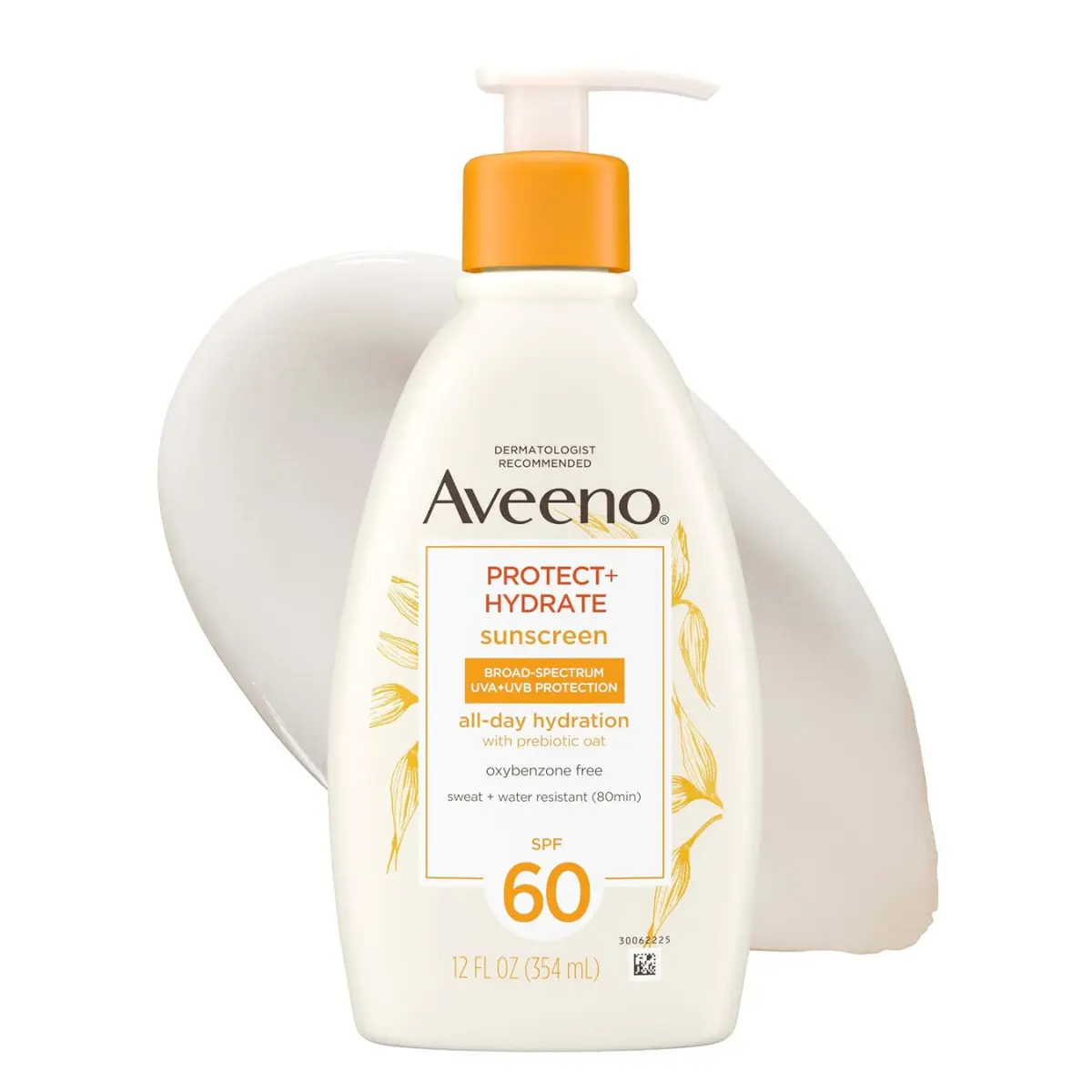 Aveeno Protect + Hydrate Broad Spectrum SPF 60 Sunscreen Lotion for Sensitive Skin (Body & Face), Prebiotic Oat, Paraben-Free, Oil-Free, 80-Min Water & Sweat Resistant, 12 fl oz