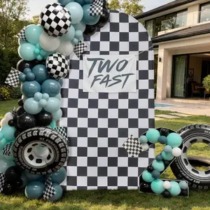 6.6FT Black White Checkered Arch Backdrop Cover, 2-Sided Spandex Fitted Arch Cover for Monster Truck Race Car Birthday, Boys Racing Theme Party Decor, Baby Shower Supplies