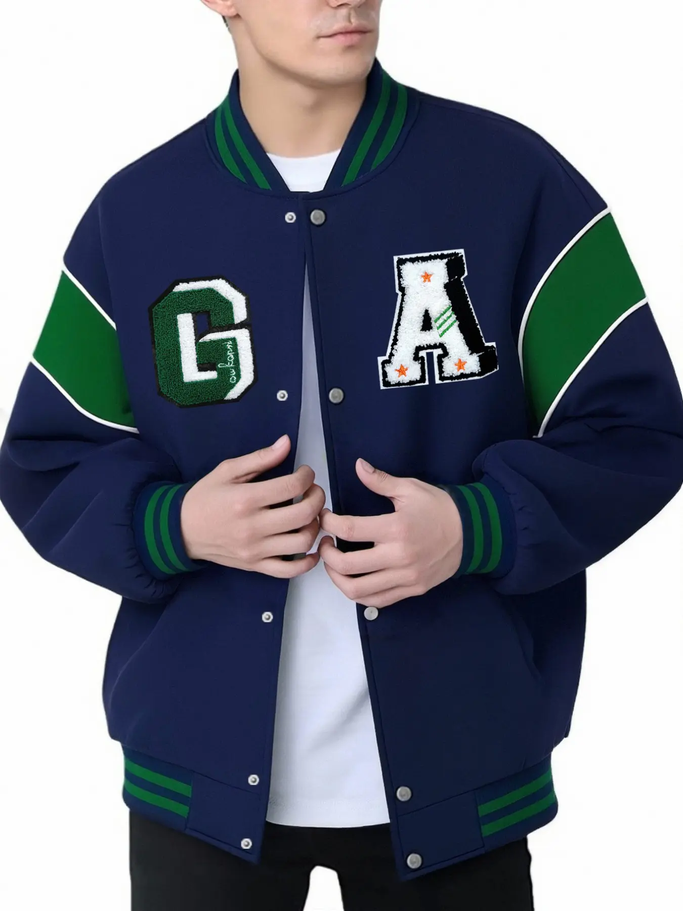 American College Style Letter Embroidery Baseball Jacket, Loose Fit Colorblock Design, Casual Daily Wear Outerwear for Fall & Winter