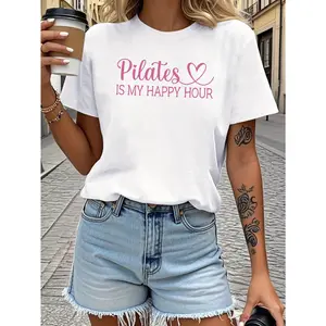 "Pilates Is My Happy Hour" Graphic T-Shirt for Women, Casual Short Sleeve, Pilates Lover Workout Apparel