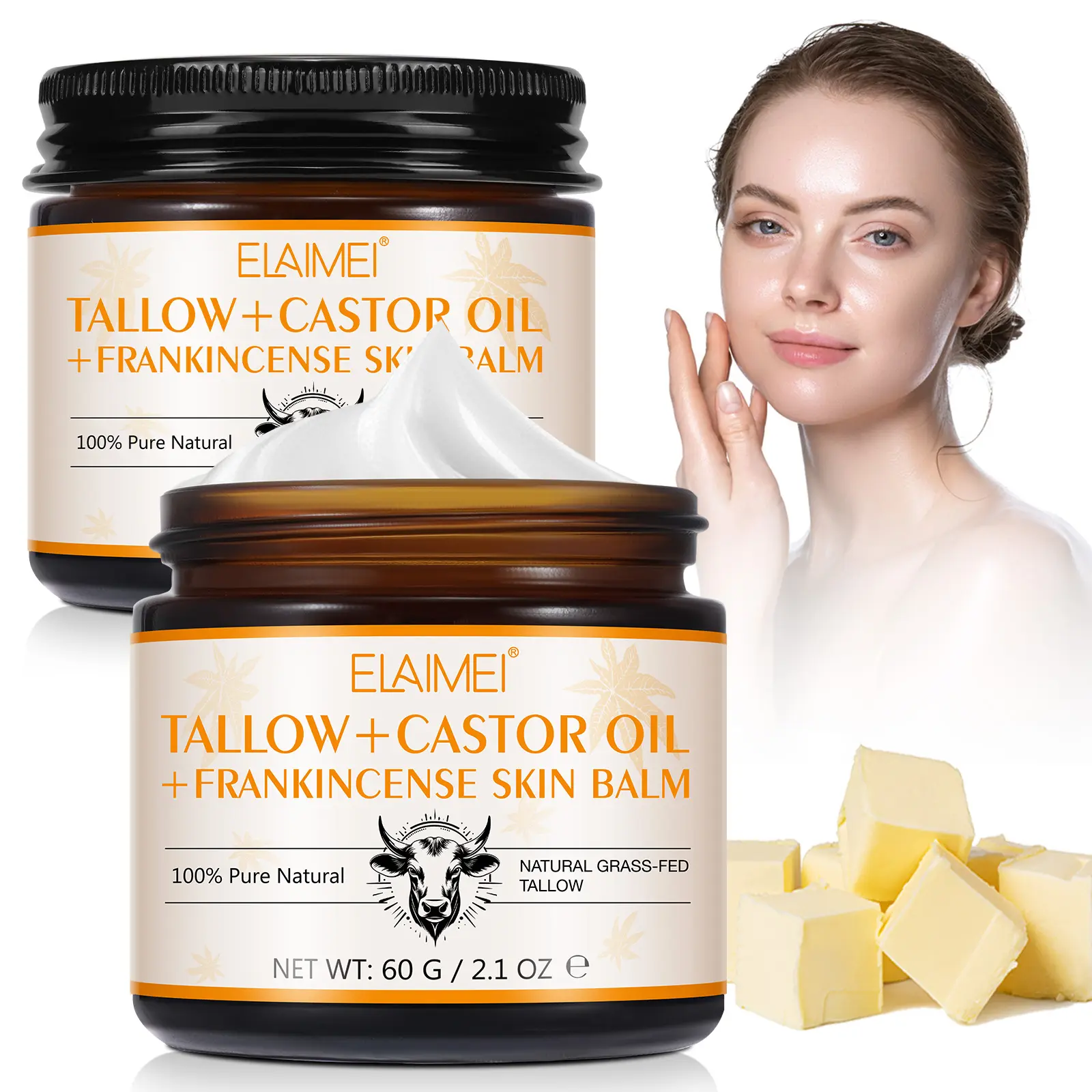 Elaimei Shea Butter & Castor Oil & Frankincense & Beeswax & Beef Tallow Balm Body Butters 60g, Moisturizing Skin Care Cream, Hydrating Body Cream, Natural Ingredients, for Dry Skin Relief, Body Care