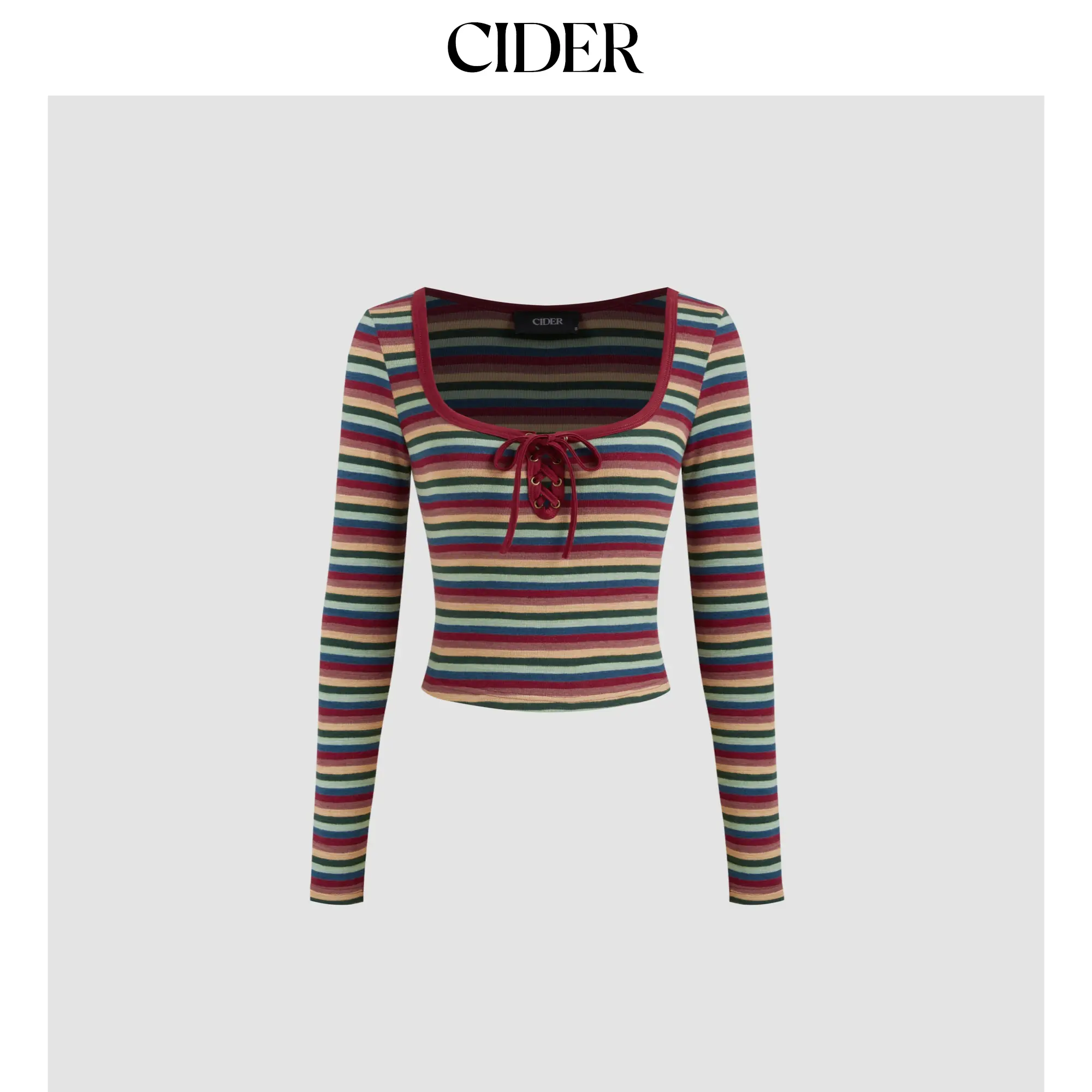 Cider Cotton-blend Square Neck Striped Lace Up Knotted Long Sleeve Tee