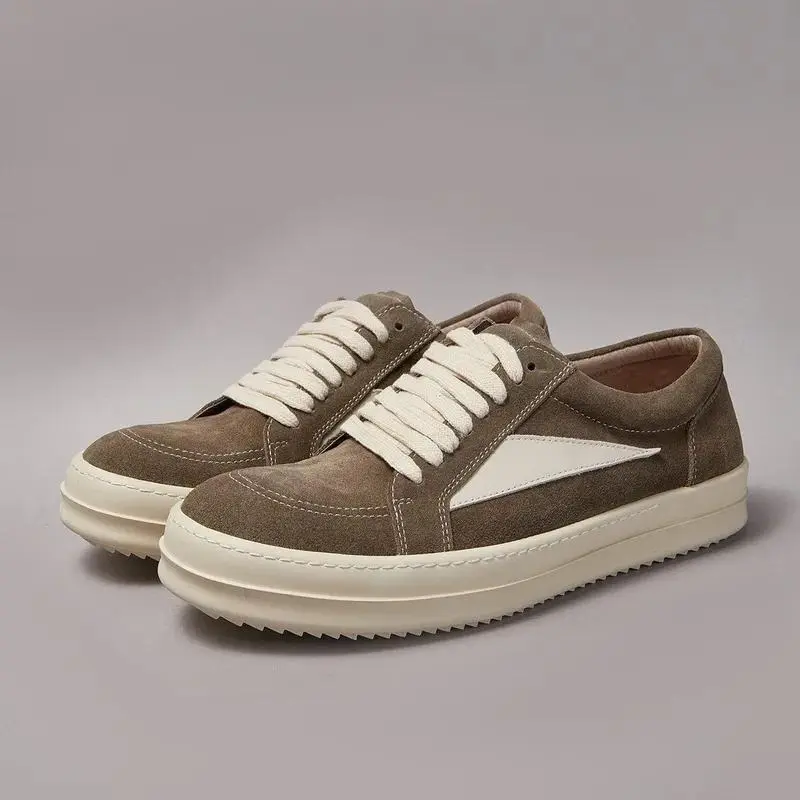 Men‘s and Women‘s brown suede shoes with white inverted triangle designer genuine leather retro shoes size 35-47 ro dark punk style height increasing casual lace up trainers