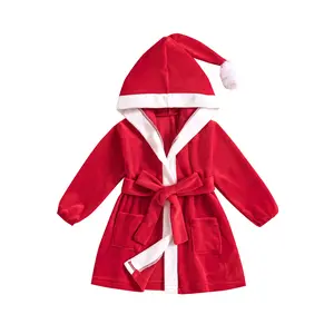 Baby Girls Boys Santa Costume Robe Toddler Christmas Long Sleeve Furry Contrast Color Hooded Velvet Bathrobe