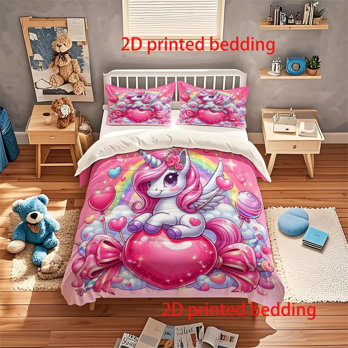Cartoon pink unicorn Comfy Theme bedding set of 3 pieces, Cartoon printed bedding, including 2 pillowcases and 1 duvet cover, made of polyester, suitable for all seasons, bedrooms and guest rooms