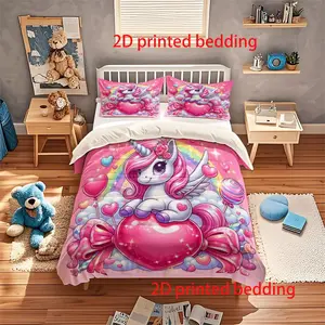 Cartoon pink unicorn bedding set of 3 pieces, suitable for bedrooms and guest rooms, including 2 pillowcases and 1 duvet cover, made of polyester material, suitable for all seasons, perfect for couples, and perfect for bedroom and guest room decoration