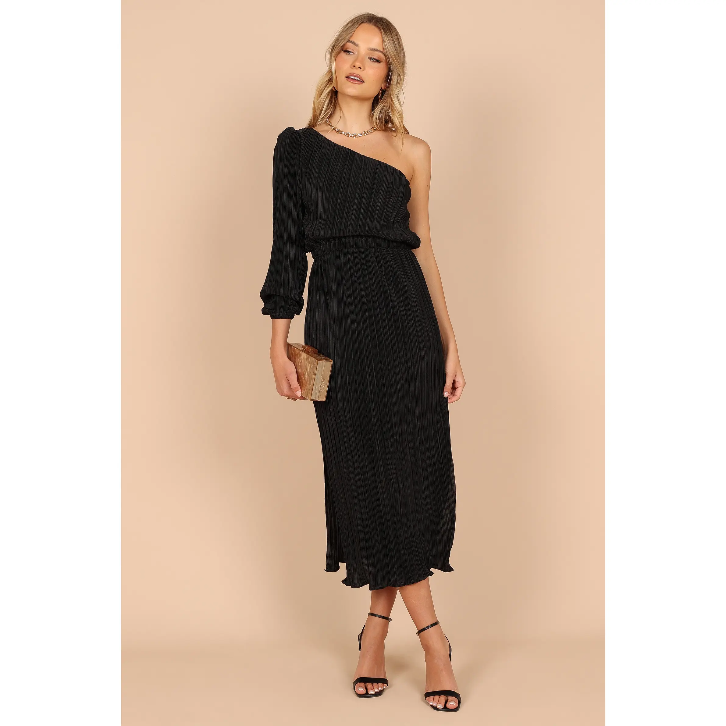 Pontee One Shoulder Pleated Midi Dress - Black