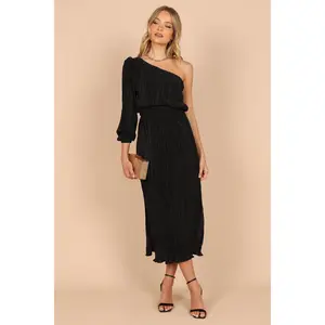Pontee One Shoulder Pleated Midi Dress - Black