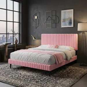 Vertical Channel Tufted Upholstered Bed Frame, Twin Full Queen King Size with Headboard and Footboard, Modern Platform Bed Multiple Color White Black Pink Green Blue for Bedroom Home Furniture