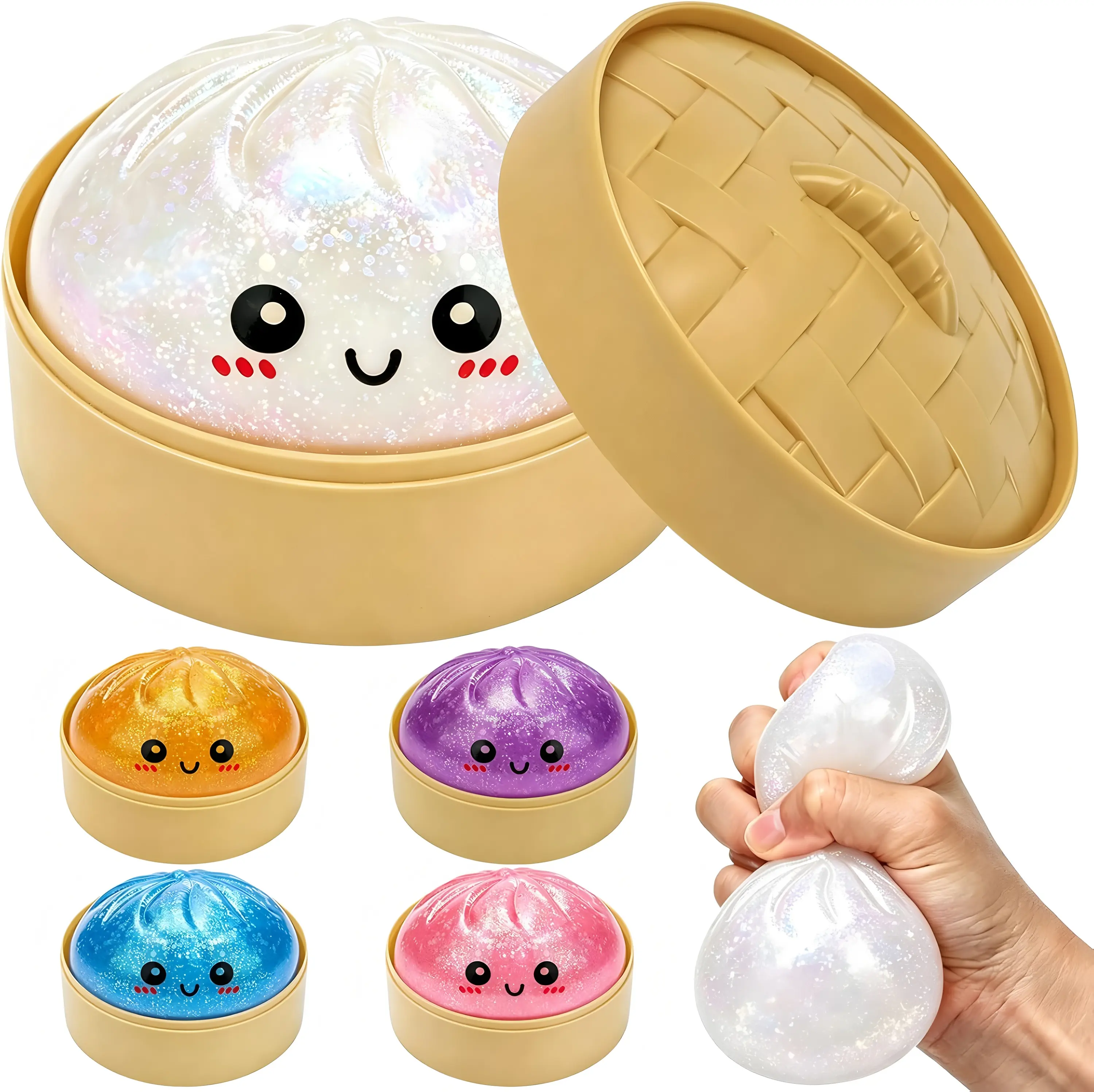 Not Blind Box! Glitter Dumpling Squishy Stress Toys, Soft Stretchy Squeeze Fidget Balls, Choose Your Favorite Color, Adult & Kids Sensory Decompression Toys for Desk Office