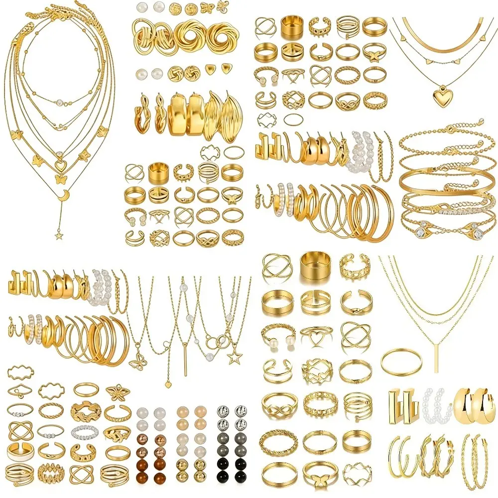 36/53/59/67/90pcs Random Delivery Jewelry Set, Fashion Minimalist Elegant Bohemian Style Jewelry Collection, Twisted Stud Earrings & Heart-shaped Twisted Butterfly Necklace, Geometric Element Wave Pattern Ring & Bracelet