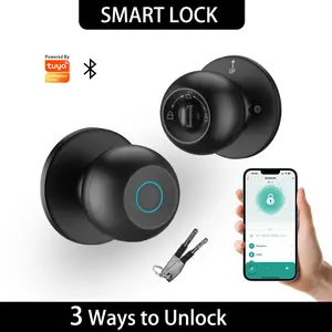 Biometric Smart Fingerprint Door Lock Metal Door Knob Keyless Entry Bluetooth App Control Local Data Storage Auto Lock Key Compatible Door Security Lock for Home Garage