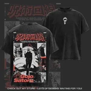 Vintage Gojo Satoru - Jujutsu Kaisen Washed Tee - Hoodie | Washed Anime Graphic Tee, Dark Manga Aesthetic Print, Oversized Soft Cotton Streetwear, Unisex Casual Apparel, Summer Outfits, Gift For Him Her, Gift for Anime Fans