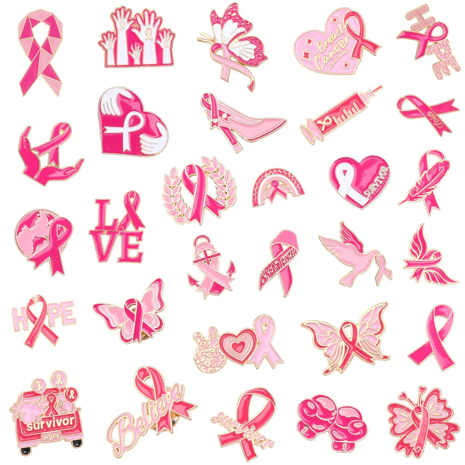30PCS Breast Cancer Awareness Enamel Lapel Pins Set, Pink Ribbon Brooch Collection, Support Survivor Hope Ribbon Badges for Clothing, Bags, Hats & Gifts