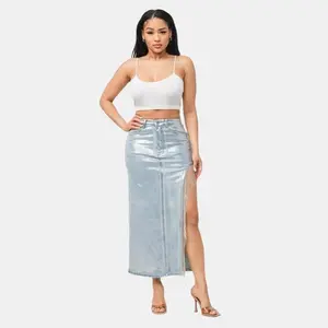 Lorie Metallic Foil Side Slit Denim Rhinestone Skirt Womenswear