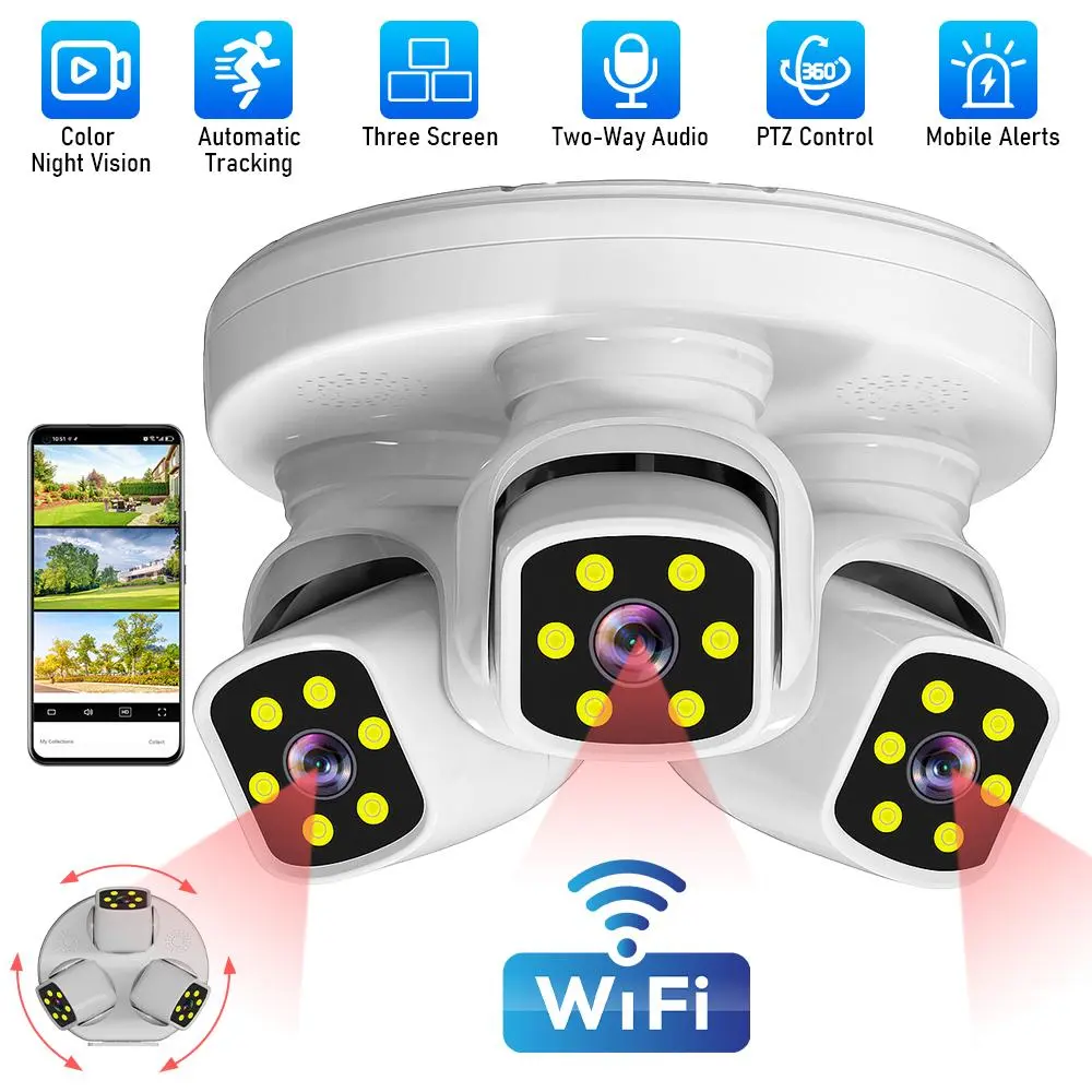 【Summerfinds】1080P Wireless Outdoor Security Camera, WiFi Surveillance Cam with 3 PTZ Lenses, Night Vision, Motion Alerts, 2-Way Audio, IP66, SD/Cloud Storage