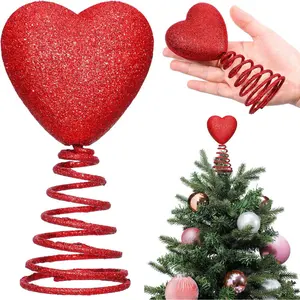 5 Inch Glitter Red Heart Mini Valentine's Day Tree Topper, Spiral Base Love Ornament for Tree, Home Party Supplies