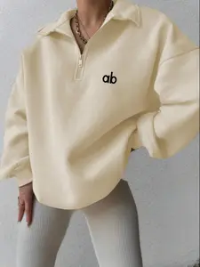 Women's Loose Fit Hooded Sweatshirt, Casual Zipper Long Sleeve Hoodie Letter Logo, Sporty Apricot Pullover for Spring Fall, Back to School