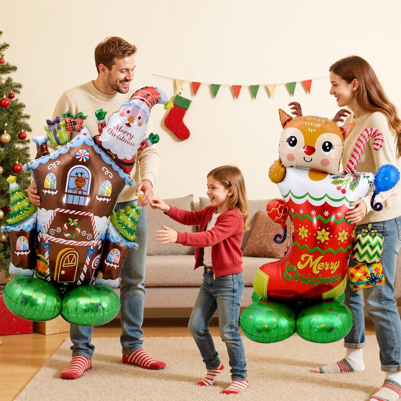 YoungSa 6PCS Inflatable Christmas Balloons,Large Size 3D Standing Foil Balloon Set,Santa Claus,Christmas Tree,Xmas Socks,Xmas House,Snowman,Bell Gift Box,Indoor and Outdoor christmas decorations,for Xmas New Year Decorations,Xmas Party Supplies Photo Prop