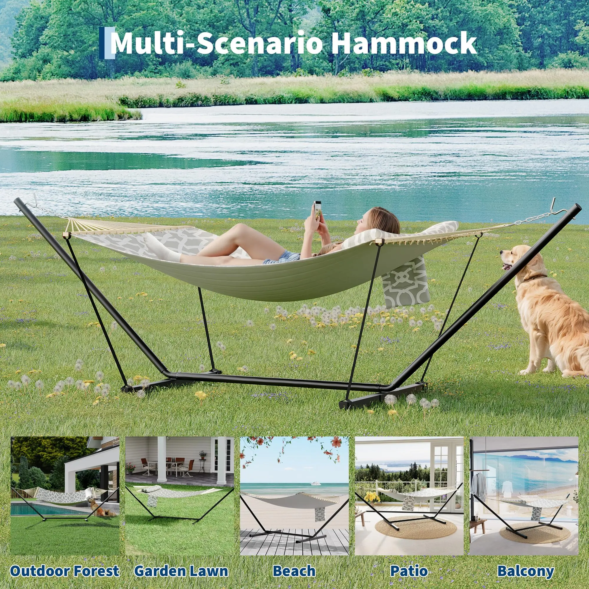 Heavy Duty Portable Double Hammock with Adjustable Steel Stand, Outdoor 2 Person Hammock for Patio, Garden, Beach or Backyard