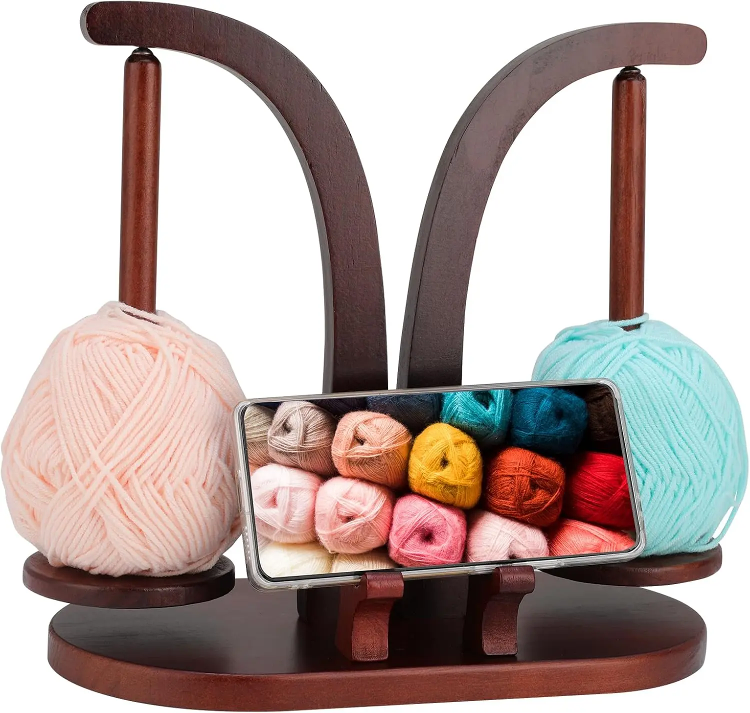 Magnetic Yarn Holder for Crocheting and Knitting, Magnetic Rotating Wooden Yarn Spinner with Crochet Accessories Storage and Phone Stand for Crochet Gifts for Crochet Knitting Lovers
