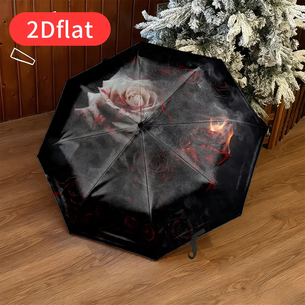 A vintage-style folding umbrella featuring a unique black-and-red rose pattern with exquisite detailing, lightweight and portable for all occasions, durable canopy made of sturdy plastic and iron, uniquely designed for