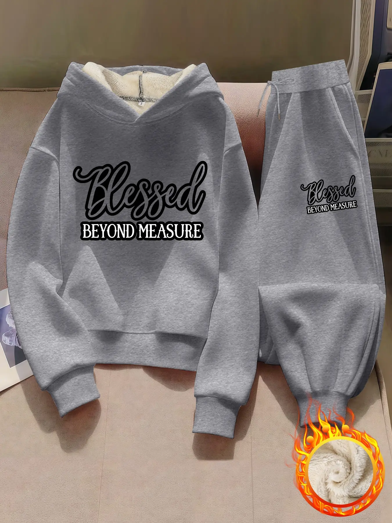 Women's Casual Hoodie & Pants Set, Blessed Beyond Measure Letter Print, Thick Fleece Lined, Fall Winter, 2 Piece Set