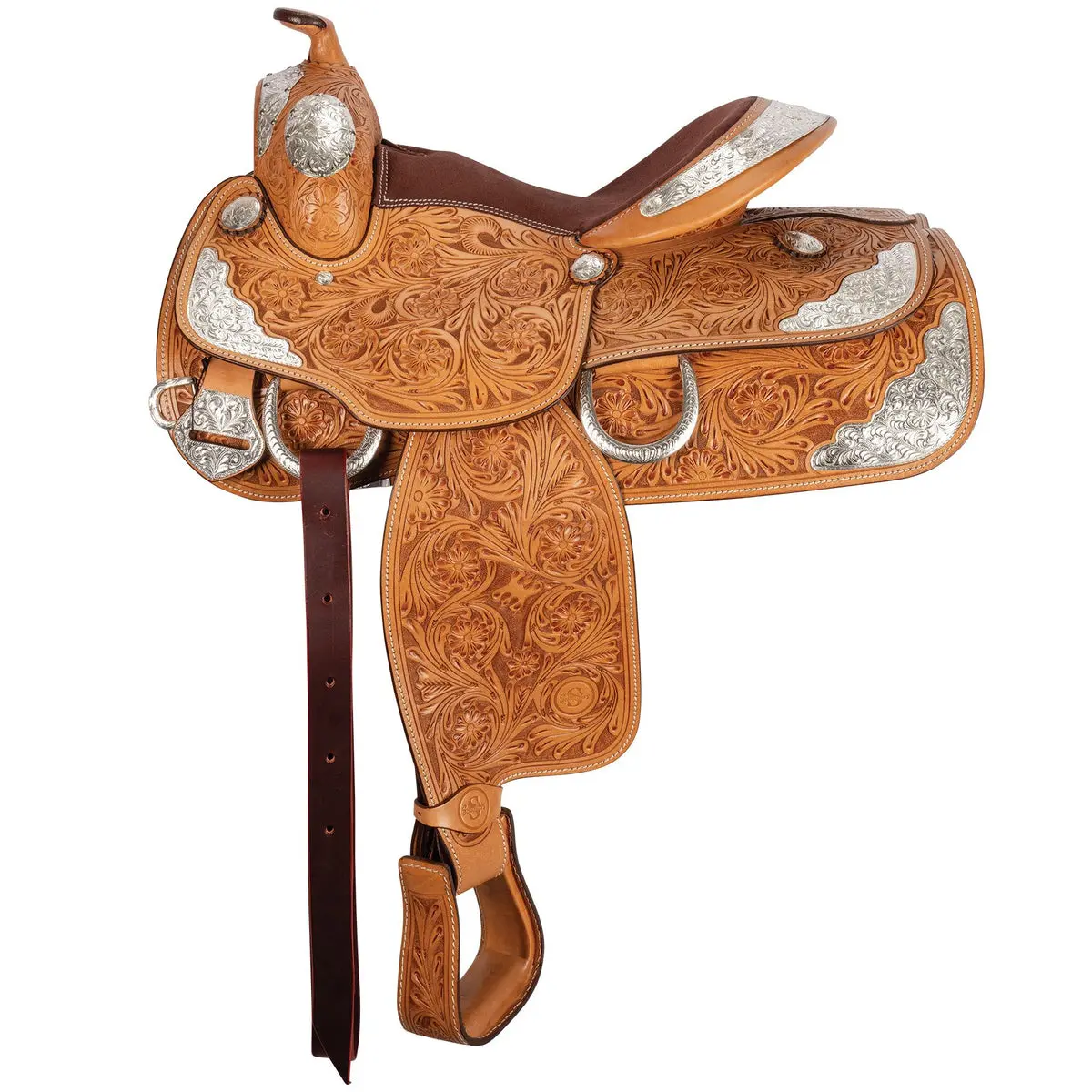 Schneiders Denver II Show Saddle, Equestrian Equipment with Blevins Buckles, Cutaway Under Fenders, Fender Hardware, Latigo Leather Tie Strap, Stainless Steel Hardware, Suede Seat, Ranch, Secure, Modern Conformation, Gullet Size, Rawhide Wrap