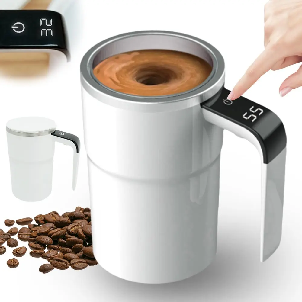 380ml Rechargeable Self-Stirring Coffee Mug - Auto Magnetic Mixing, LED Temp Display (No Heating), 304 Stainless Steel, Double-Wall Insulated, Leak-Proof Travel Cup with Lid, Hand Wash, for Car Interior Coffee, Milk
