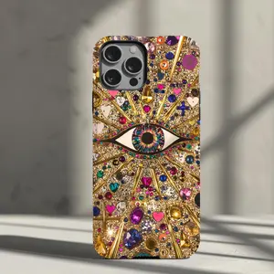 Bling Glam Mosaic Phone Case, Collage phone case Gold Purple Gems Rhinestones Evil Eye for iPhone 16 15 14 13, Galaxy S24 S23 S22 Coquette