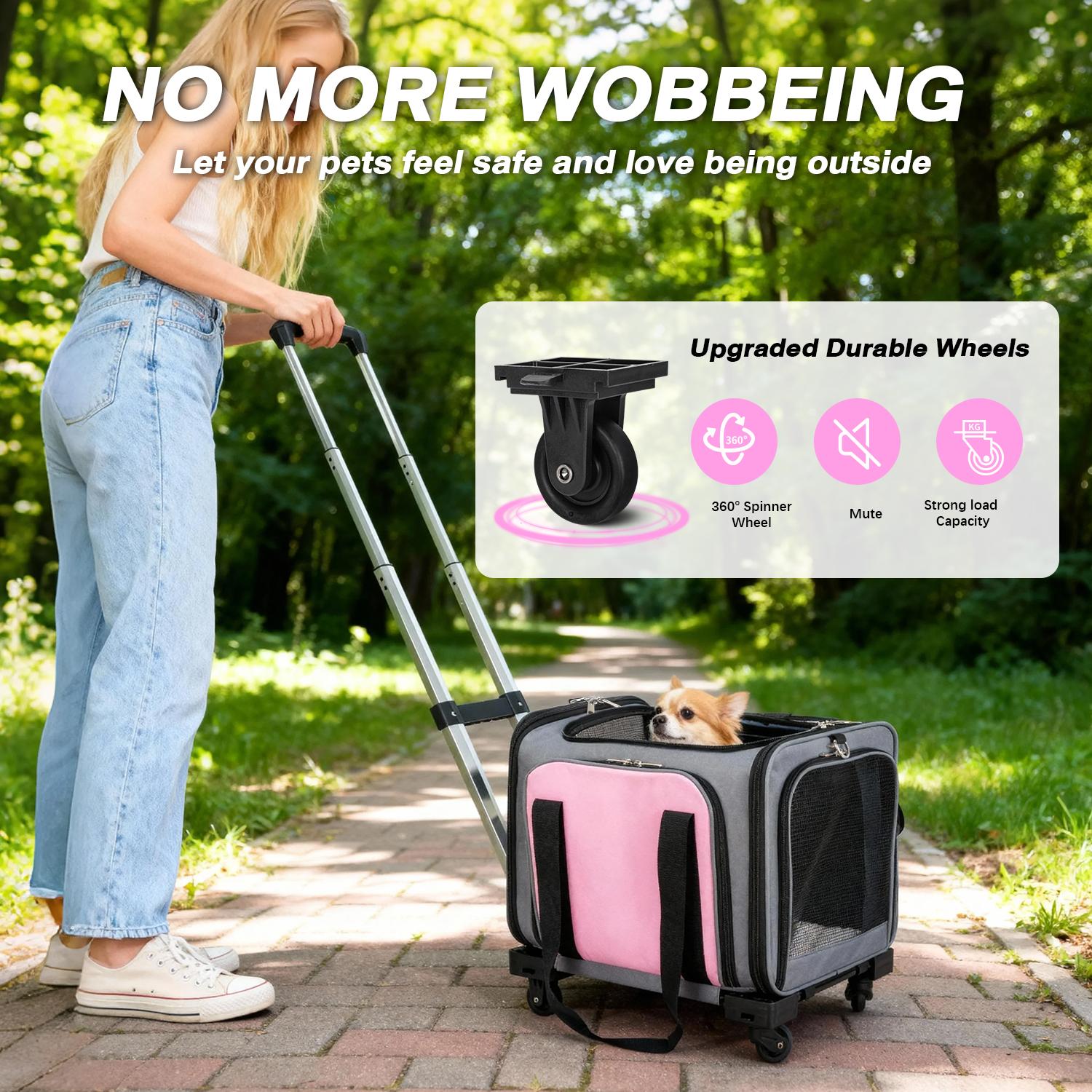 Pet Carrier Airline Approved, Expandable Large Dog Cat Carrier with Wheels, Upgraded Wheels Airline-Approved Cat & Dog Travel Carrier, Rolling Pet Carrier with Removable Pole Platform, Carnation Pink