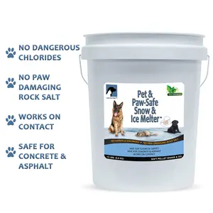 JUST FOR PETS Snow & Ice Melter Safe for Pets & Paws Contains No Toxic Chlorides or Painful to The Paw Rock Salt, Safe for Dogs & Cats. Fast Acting and Works On Contact 15 lb Bucket