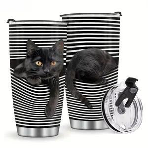 1pc Black Cat Gift, Gift for Cat Lovers, Black Cat Tumbler Stainless Steel with Lid, Fun Black Cat Coffee Cup, Animal Striped Cup, Cat Day Gift, Thanksgiving, Cat Tumbler for Graduation Christmas Birthday Mother'S Day Gift 20Oz