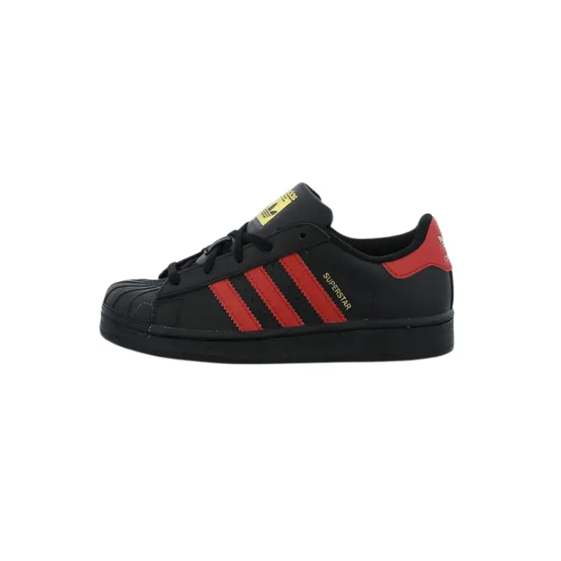 Adidas Superstar BW0593 Youth Leather Low Top Sneakers in Red/Black with Classic Shell Toe, EVA Midsole & Herringbone Outsole, Trainer, Footwear, Sports Shoes, Synthetic, Striped, Casual, Shoe, Stripes, Textile, Lace-Up, Rubber, Cushioned, Athletic, Train