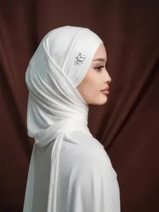 Women's Elegant Breathable Jersey Hijab Scarf, Large Size with Leaf Accents, Muslim Fashion Turban, Casual All-Season Long Shawl, Head Scarf