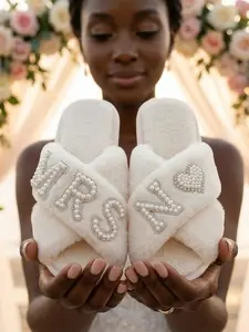MRS N Pearl Fluffy Slippers - Bride Wedding Day Cozy Open Toe Slippers,X-Strap Plush Slippers with Pearl Rhinestone Heart Design, Customizable Name Slippers for Women, Perfect Gift for Weddings and Holidays