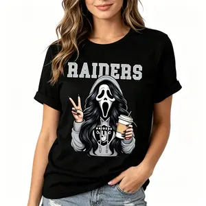 "Raiders Coffee Lover Halloween" Graphic Tee |   Cute Festive Illustration T-shirt |   Women's Aesthetic Streetwear Casual Daily Wear Top