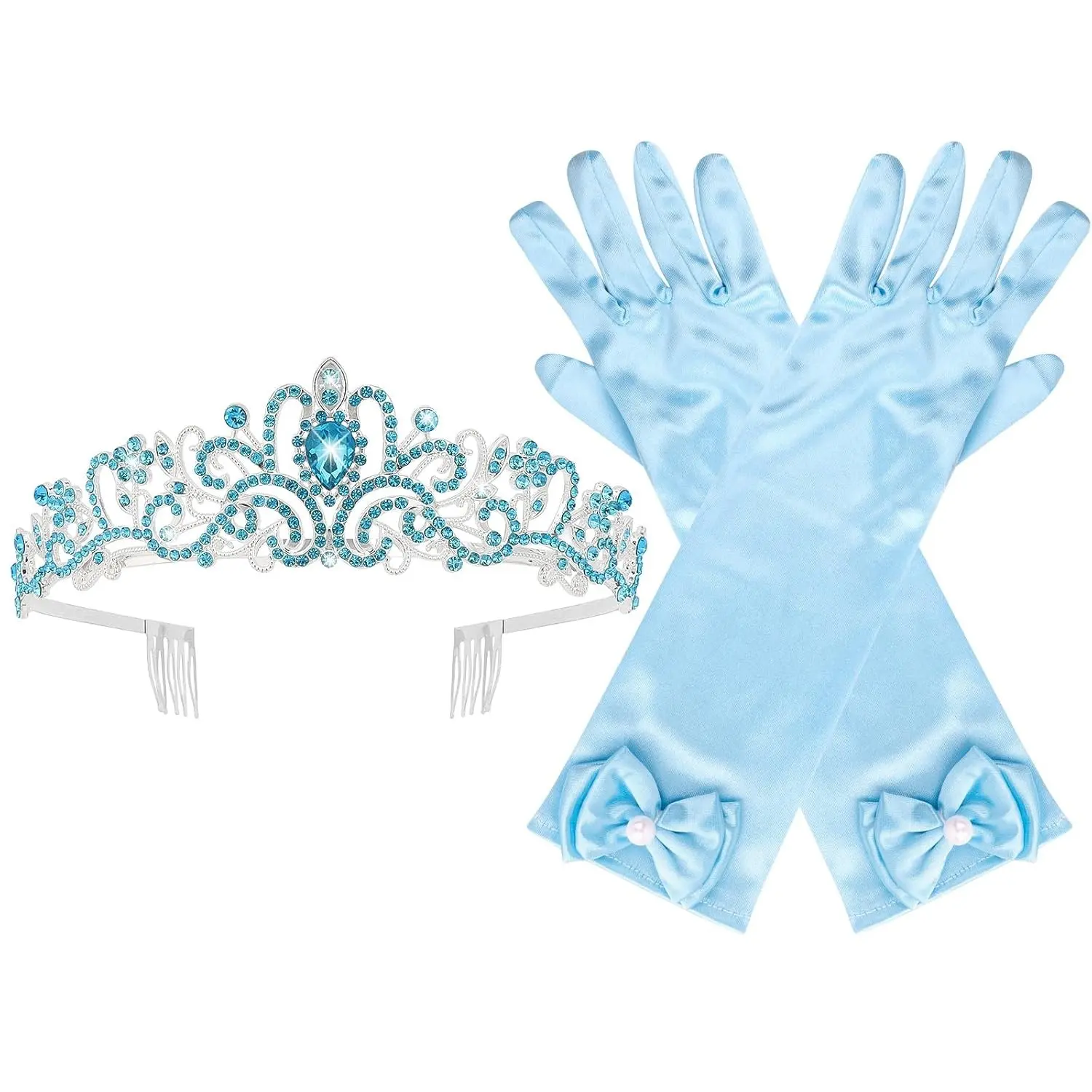 Tiara and Gloves Princess Crown and Long Satin Gloves Halloween Princess Accessories, Blue