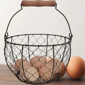 Wire Egg Basket with Handle for Gathering Fresh Eggs, Round Metal Vintage Style Egg Collecting Basket Countertop Storage Container Holder Fruit Bin