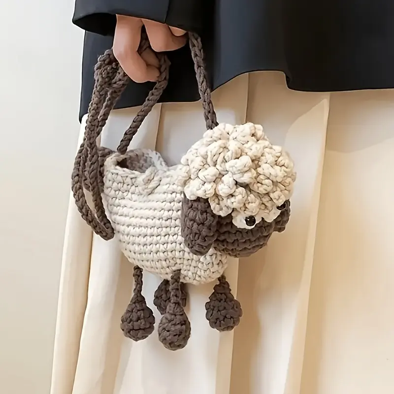 Handmade Crochet Sheep Crossbody Bag, Cartoon Design, Fashion Shoulder Purse with Detachable Strap, Canvas Material, White and Brown Color Scheme, Casual Style, Messenger Ba Strap Hip Bag Coin Trendy Korean Soft Women's Harajuku Strapsicle Ereader Clutch