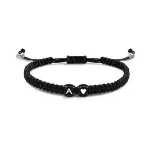 Black and White Peach Heart 26 Letter Braided Bracelet for Couples Hand-Woven with A-Z Customizable Letters and Heart Charms Perfect for Personalized Gifting and Daily Wear