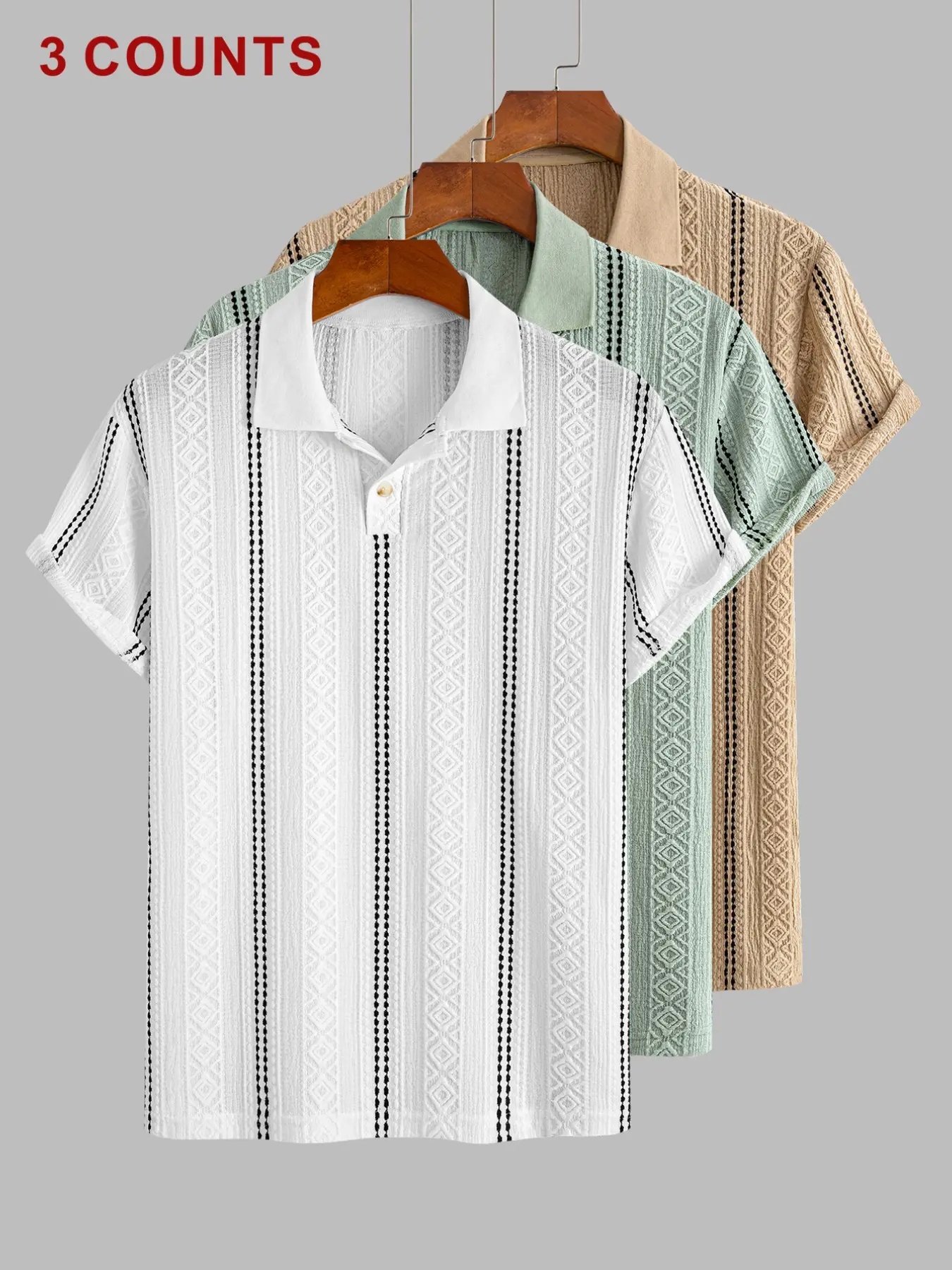 Men's 3-Pack Textured Knit Polo Shirts, Casual & Sports Short Sleeve Tops, Breathable Summer Golf Polos, Random Stripe Design, Striped, Set, Menswear