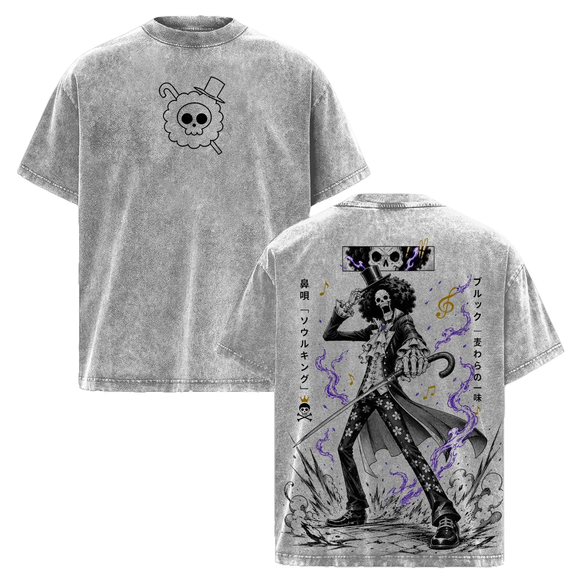 Men's Heavy Cotton Short-Sleeve Crew Neck Casual Retro Black Skull T-Shirt - 1 Piece Brook Vintage Washed Menswear, Soul King Graphic Anime Fan Signal Streetwear Manga Tee (Cold Wash Only)
