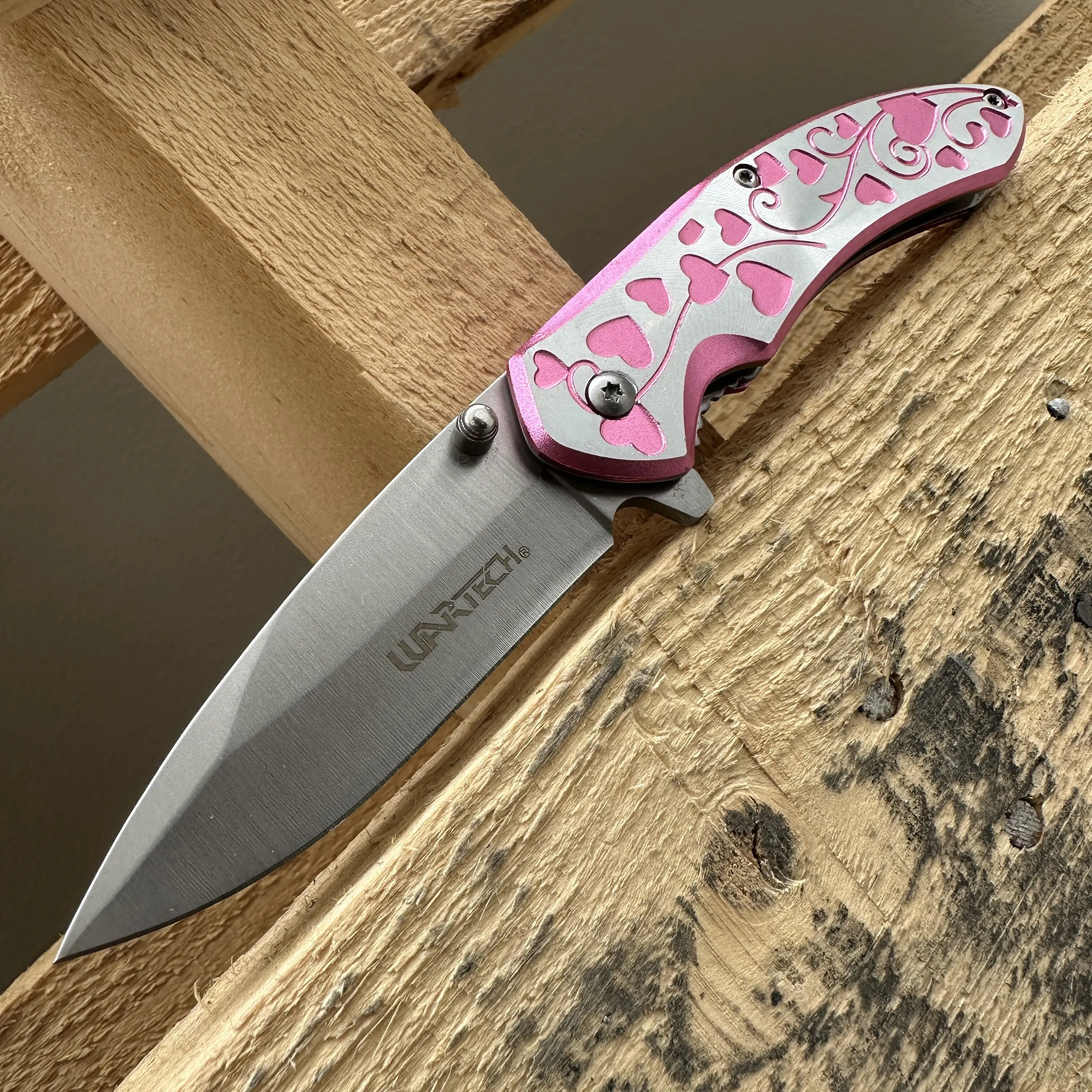 7” Hearts Engraved Folding Pocket Knife – 3” Steel Blade EDC Knife with Belt Clip for Camping, Hiking, or Daily Tasks, Stylish and Functional