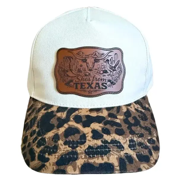 She's from Texas Engraved Patch Hat Leopard Print Holographic Western Desert Detail Longhorn Design Adjustable Back