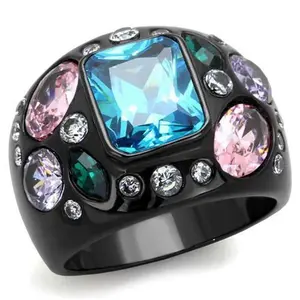 Alamode TK1790-7 Women IP Black Stainless Steel Ring with AAA Grade CZ in Sea Blue - Size 7